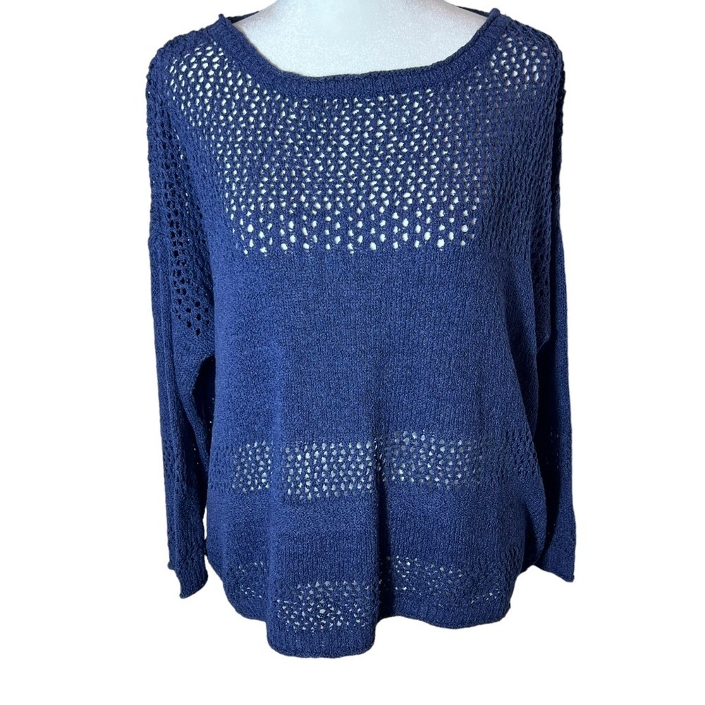 Three Dots Blue Open Knit Pullover Sweater, Size Large